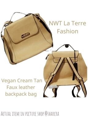 La Terre Fashion Women's Vegan leather backpack Handbag tan cream bag
